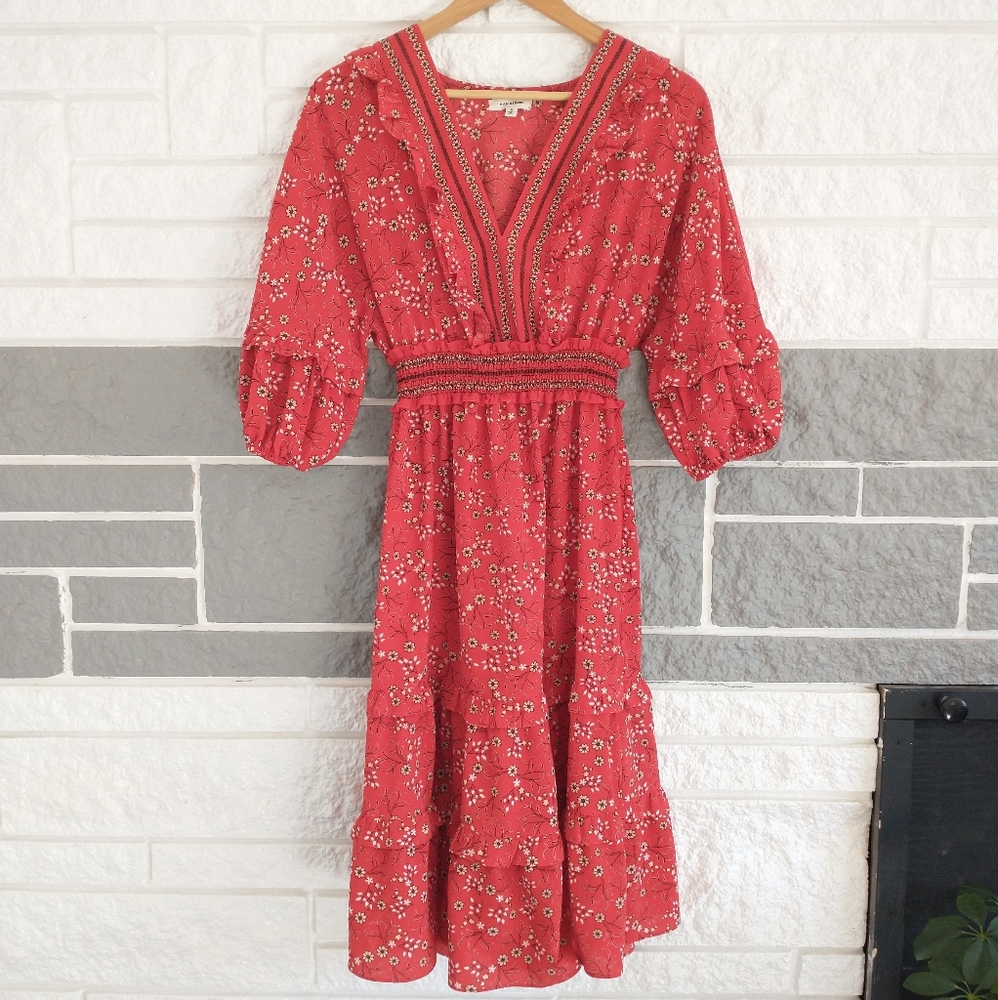 Max Studio Red Floral Tiered Dress